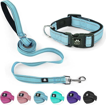 NESTROAD Dog Collar and Leash Set,Reflective Dog Collars with Quick Release Buckle,Adjustable Nylon Pet Collar for Small Medium Large Dogs(Large,Blue)
