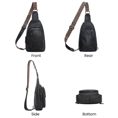 HESHE Leather Sling Bag for Women Crossbody Bags with Multi-Pocket Stylish Fanny Packs for Travel Chest Bag (Black)
