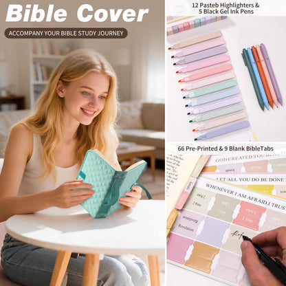 KOPKOFT Large Bible Cover Case for Women, Quilted Church Tote Bag with Shoulder Strap, Bible Study Supplies Journaling Kit Bible Accessories, Christmas Christian Gift for Women (Blue Green)