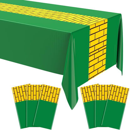 Fanfanwin 6 Pcs Yellow Brick Runner Tablecloth 54 x 108 Inch Brick Wall Backdrop Green Waterproof Rectangle Disposable Cover, Princess Decorations Party Supplies for Carnival Cosplay Party