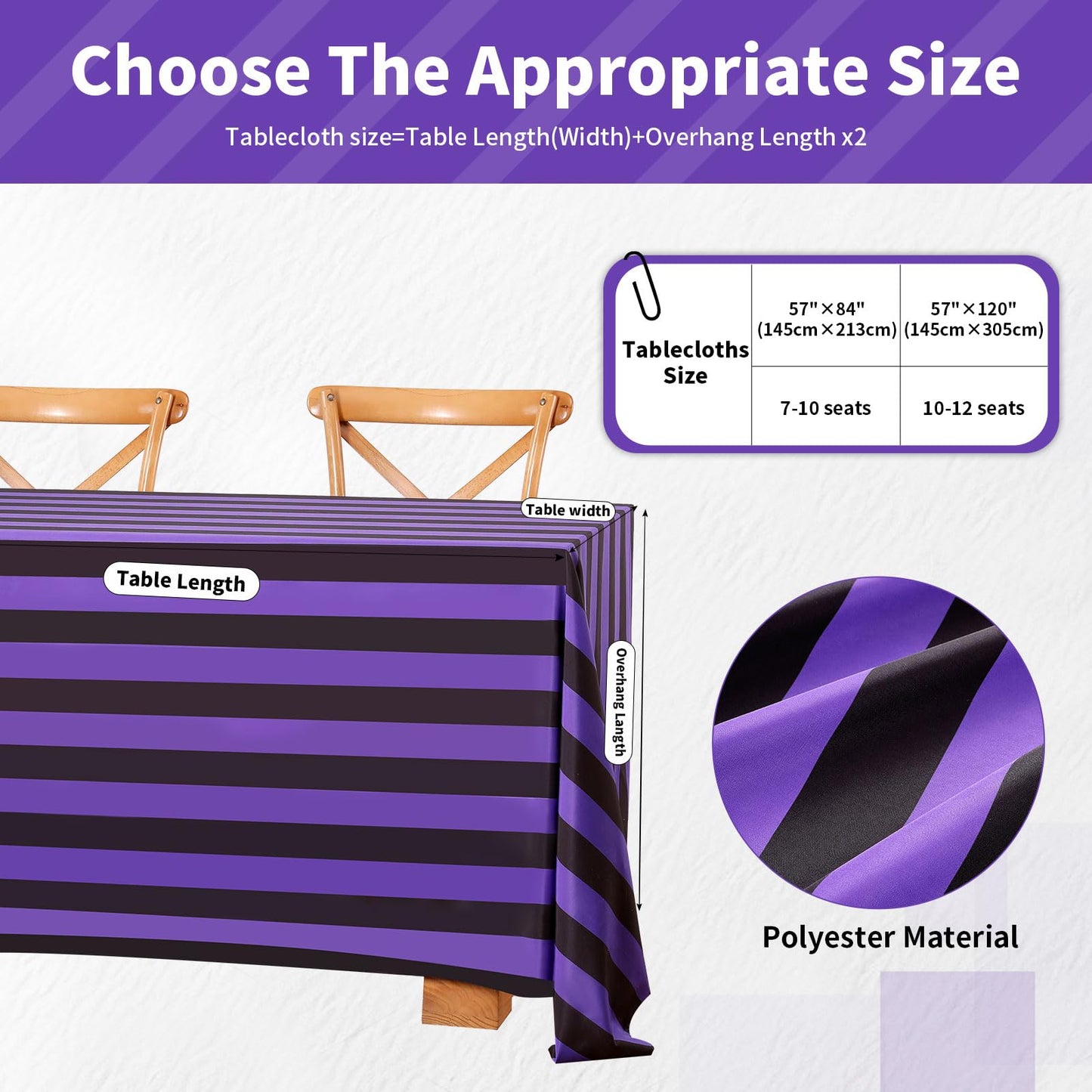 SoarDream Black Purple Polyester Halloween Tablecloth: 57×120 Inch Striped Table Cloth Rectangle Waterproof Table Cover - Holiday Camping Banquet Kitchen Dinning Decoration
