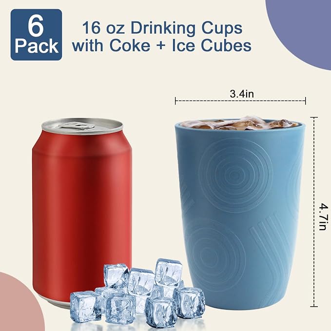 Drinking Glasses Wheat Straw Cups Alternative to Plastic Cups 16 OZ - Unbreakable Cup Set of 6 Reusable Drinking Cup Plastic Glasses Tumbler Dishwasher Safe Cups for Kitchen - Blue