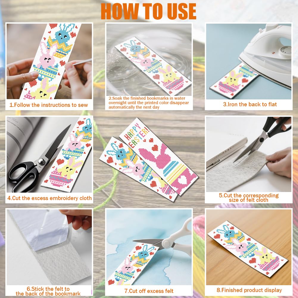 FREEBLOSS 6 Set Cross Stitch Bookmark Kit 11 CT Stamped Cross Stitch Kit DIY Embroidery Bookmark Kits for Adult Beginners with Instructions, Easter Bunny, 6 x 20 cm/8" x 2.4"
