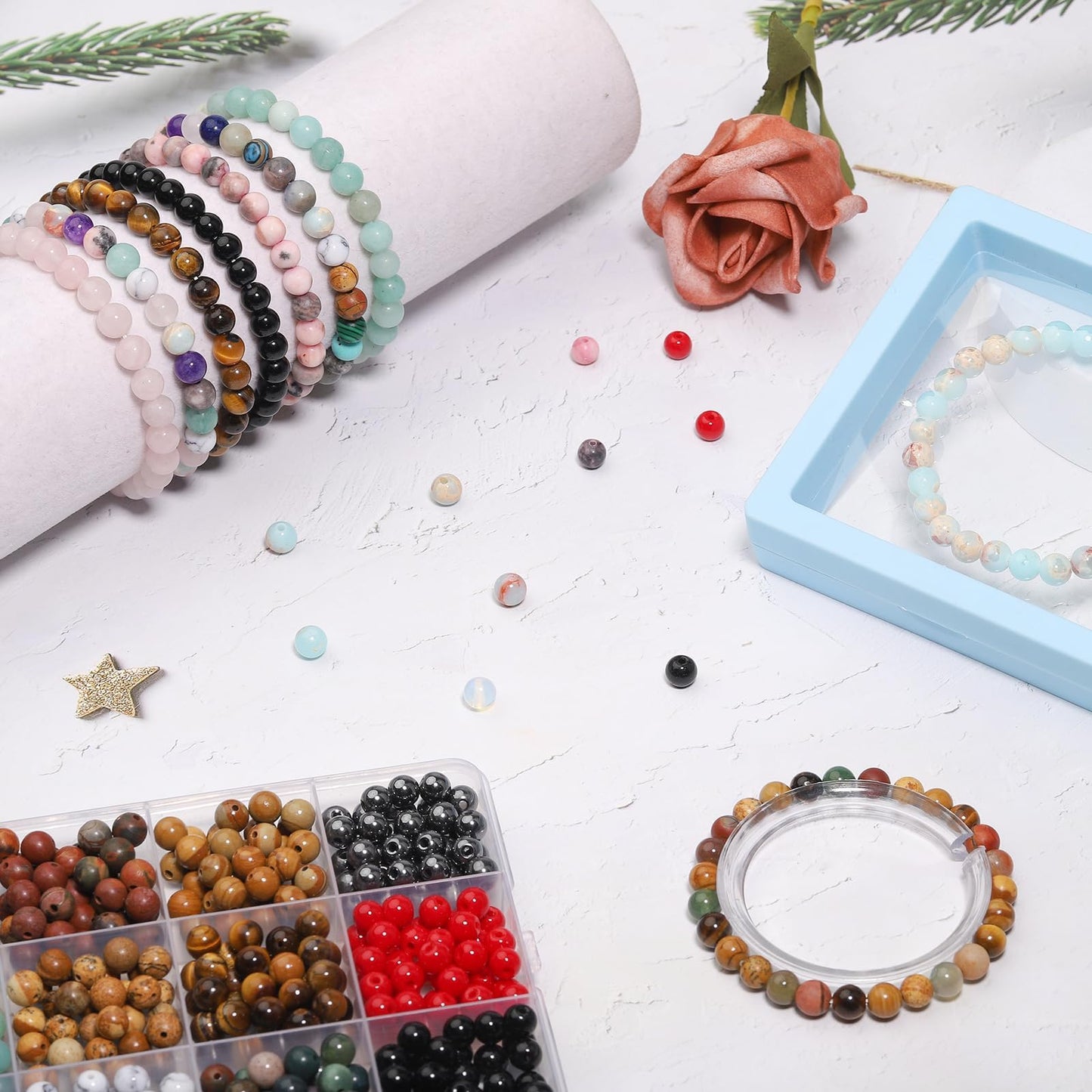 480pcs 8mm Natural Round Stone Beads Gemstone Crystal Loose Beads Smooth Bead for Bracelet Necklace Earring Jewelry Making Kit