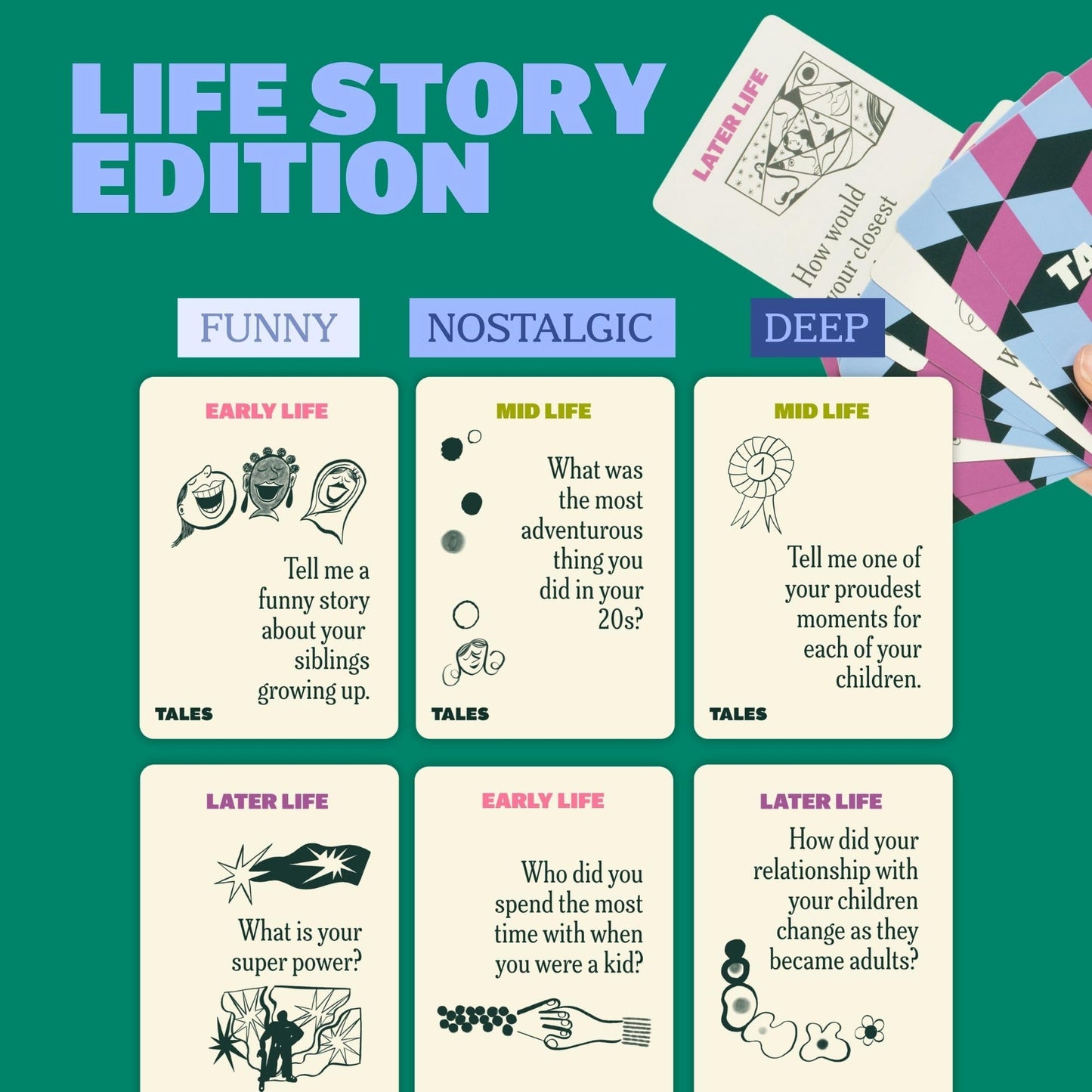 TALES 150 Life Story Interview Kit, Conversation Cards, for Grandparents, Parents, Families, Adults, Game Night, Road Trips, Dinner Table, Getting to Know You (New Edition)