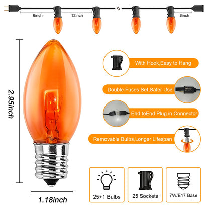 GOOTHY C9 Orange Christmas String Lights, 25Ft Outdoor Christmas Decorations Lights with 26 Incandescent Orange Bulbs, Hanging Patio Lights Waterproof for Roofline Backyard Outdoor Halloween Party