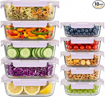 Dealusy 10 Sets (20-Piece) 4.5 Cup & 1.5 Cup Glass Food Storage Containers with lids, Airtight Leak-proof Glass Meal Prep Containers with Lids, Microwave Oven Freezer Dishwasher Safe, Purple