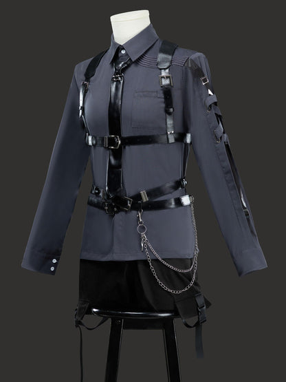 miccostumes Unisex Cosplay Accessory Black Leather Body Harness Belt Set with Waist Chain Gloves Necktie (black, S/M)