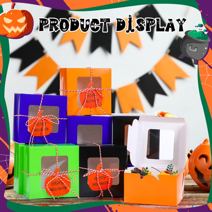Resholder 48 Pcs Halloween Cookie Boxes with Window 4 x 4 x 2.8 Inch Tricks or Treat Boxes Candy Gift Bakery Dessert with Pumpkin Gift Cards, 3 Bundle Ropes for Halloween Party