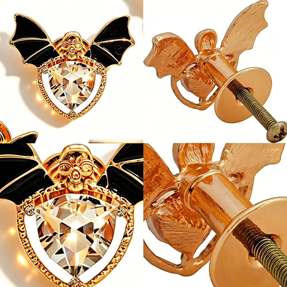 Sutfmwe Bat Knob, Gothic Knobs Pulls Handle for Cabinet Drawer Closet Dresser Bookcase Wine Cooler Gothic Theme Furniture Decor Single Hole Crystal Skull Bat Knob Pull 4PCS
