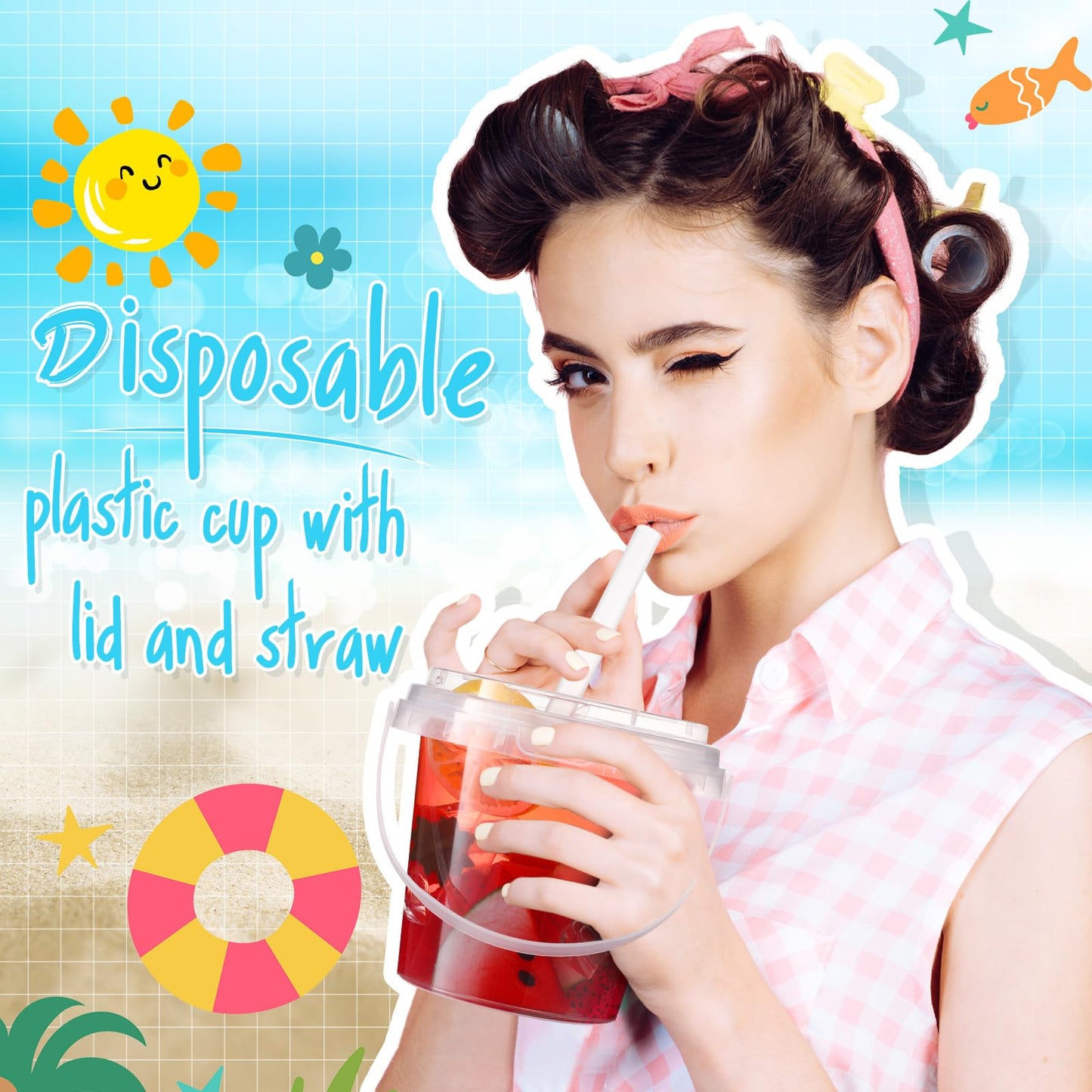 Funnymoom 15 Set 24oz Clear Plastic Drink Buckets with Lids and Straws Disposable Iced Coffee Cups Rum Buckets for Cocktail Parties Smoothie Cup Bulk with Handles for Beach Pool Party Supplies
