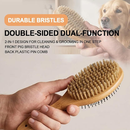2-in-1 Double-Sided Dog Brush with Bamboo Handle Pin&Bristle Dog Hair Brush Pet Grooming Tool for Dogs and Cats Remove Loose Hair Knots Tangles