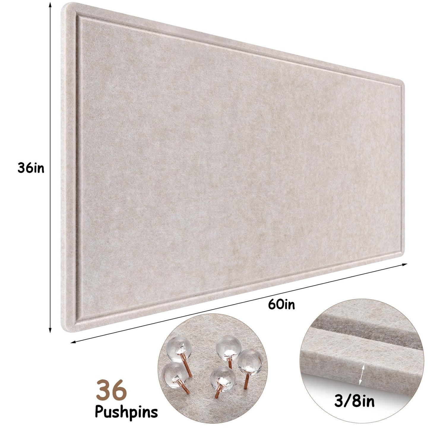 Large Bulletin Board, Foldable 60x36 Inches Cork Board Alternative, Large Felt Board Decorative Pin Board for Wall, Foldable Photo Board Self-Adhesive Vision Board with 36 Pushpins Light Khaki