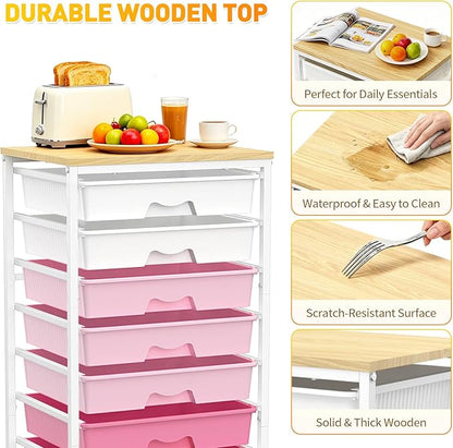 SUNALLY Rolling Storage Utility Cart With 8 Drawers, Storage Drawer Cart with Wooden Tabletop and 2 Lockable Wheels, 8 Tier Rolling Cart for Craft Art Supply Storage & Home Office Organization, Pink