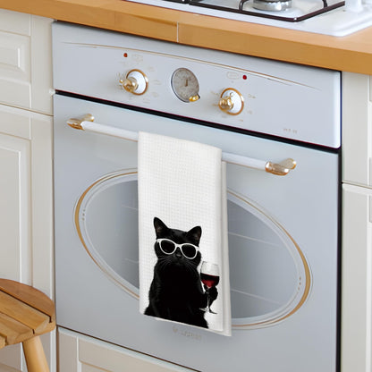Qskjre Funny Black Cat Wine Kitchen Towels, Cat Mom Gifts for Women, Black and White Cats Decor, Wine Lover Gift Decorative Hand Tea Dish Towel for Kitchen Bar Cart Decor,16x24 Inch