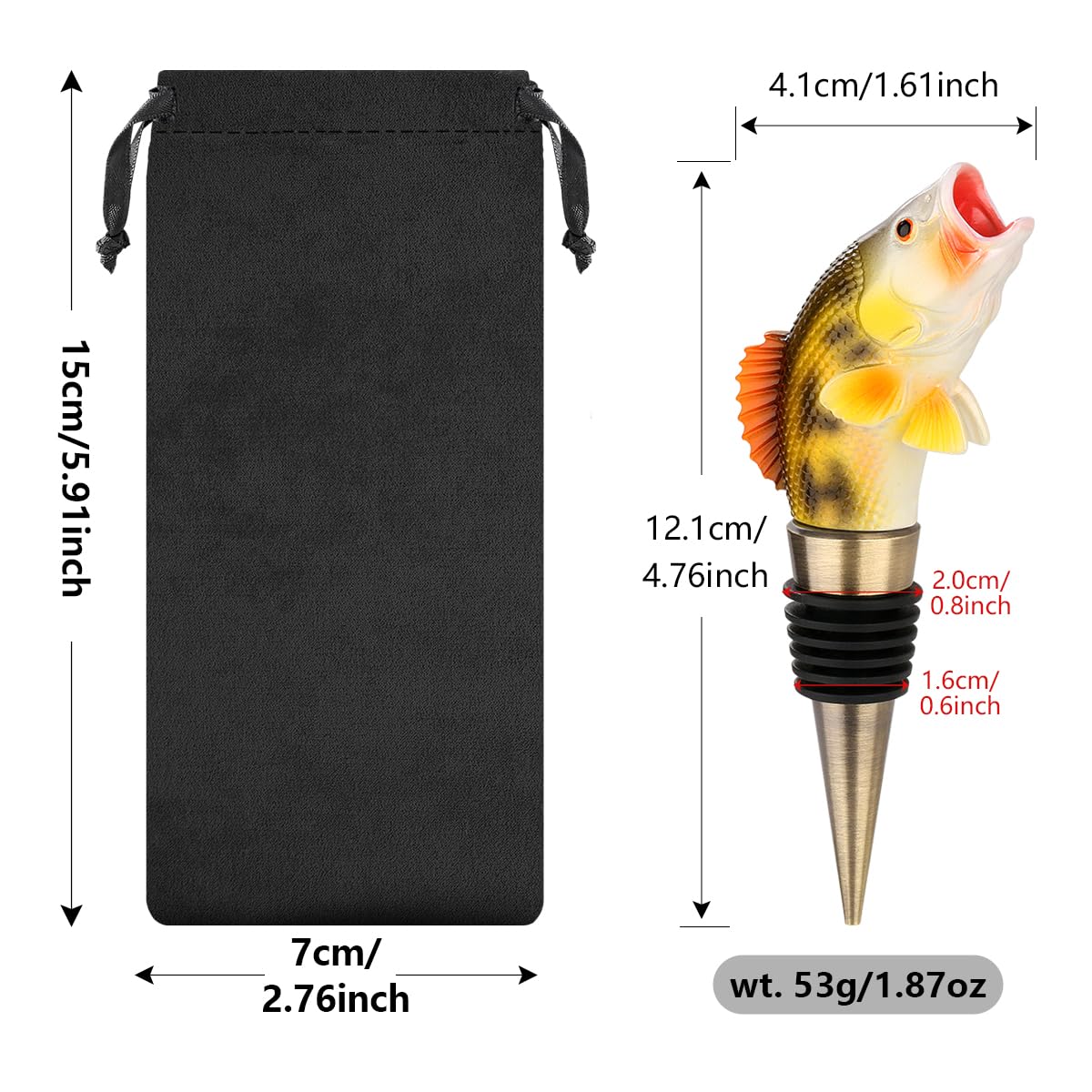 Resin Bass Head Wine Stopper, with Bronze Cone, 2-in-1 Bottle Stopper, Removable Wine Stoppers with Gift Bag, Beer Gift for Men, Beer Accessories for Birthday, Father's Day, Christmas