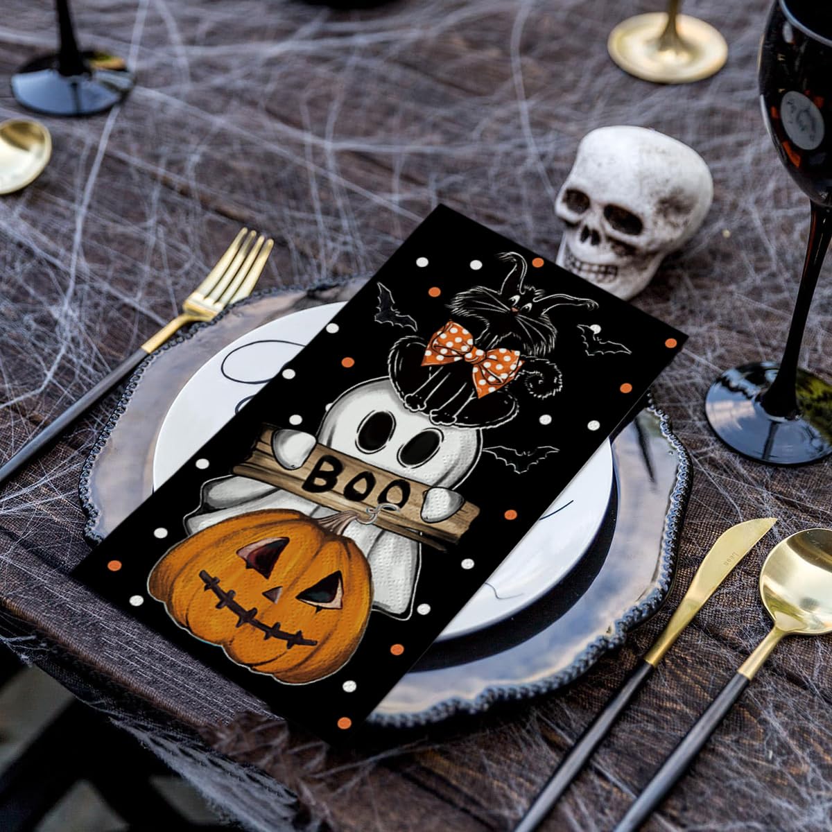 Horaldaily 100 Halloween Disposable Paper Decorative Guest Napkins, Orange Jack-O-Lantern Pumpkin Dots Ghost Cat Hand Towel for Party Lunch Dinner Kitchen Bathroom