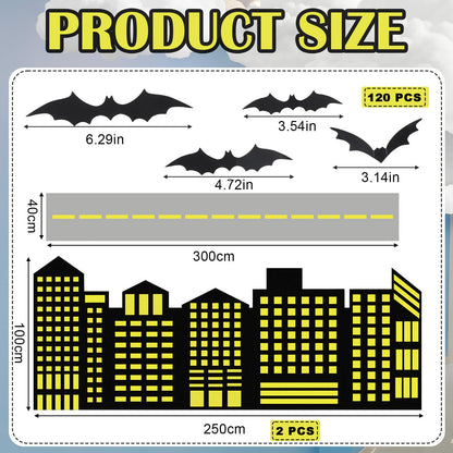 Preboun Bat Theme Party Decorations Skyscraper City 8.2x3.3 ft Backdrop with 9.8x1.3ft Road Rug 3D Bat Cutouts Modern City Backdrop Hero Birthday Decor for Hallway Wall Background Photo Props