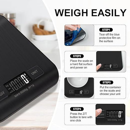 Food Scale, 11lb Kitchen Scale with 6 Units Tare Function & LCD Display, 0.05oz/1g Stainless Steel Digital Food Scale Grams and Ounces for Baking, Cooking, Dieting and Meal Prep (Black)
