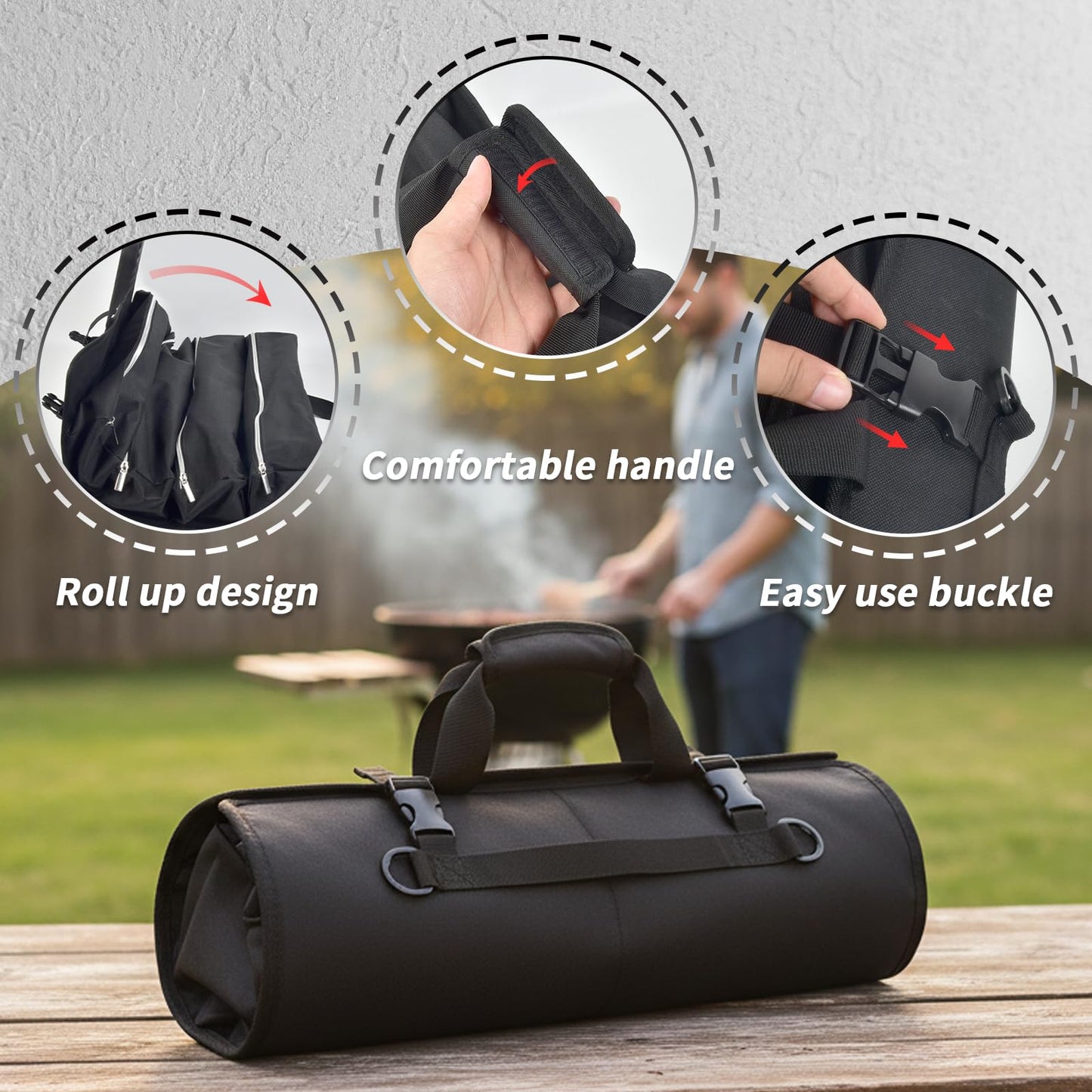 Grill Tool Accessory Storage Bag Roll Up, BBQ Tools Carry Orangizer Case for Grilling Utensil, Large Oxford Cloth Griddle Classifiable Holder for Outdoor Camping Barbecue Hiking Picnic Trip(Box Only)