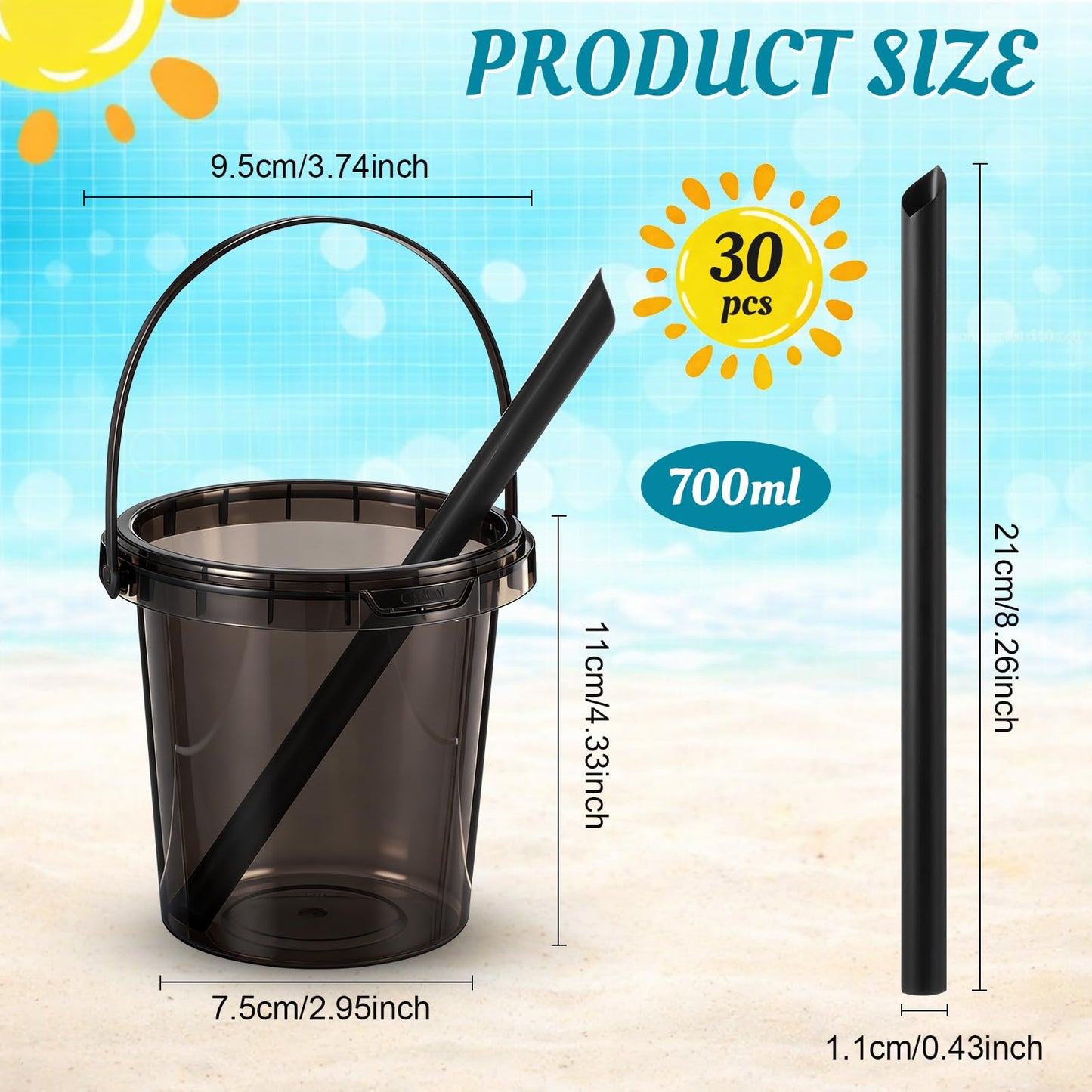 Purpeak 30 Set 24 oz Drink Buckets with Lids and Straws Disposable Clear Rum Plastic Drinking Cocktail Bucket with Handles for Beverage Coffee Lemonade Pool Picnic Party Supplies (Black)