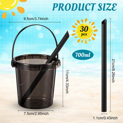 Purpeak 30 Set 24 oz Drink Buckets with Lids and Straws Disposable Clear Rum Plastic Drinking Cocktail Bucket with Handles for Beverage Coffee Lemonade Pool Picnic Party Supplies (Black)