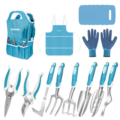 Blue Garden Tool Sets 12-Piece, Aluminum Gardening Hand Tools w/Ergonomic Handle, Garden Supplies Organizer Handbag, Kneeling Pad, Apron and Gloves, Gift for Women, Garden Starter Kit for Women
