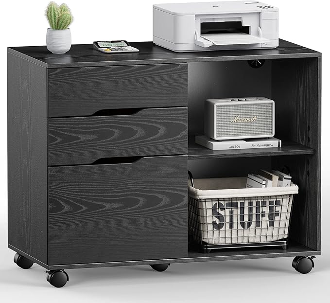 UOCFYK File Cabinet with 3 Drawers, Mobile Lateral Filing Cabinet with Open Storage Shelves for Home Office Under Desk Storage, Black