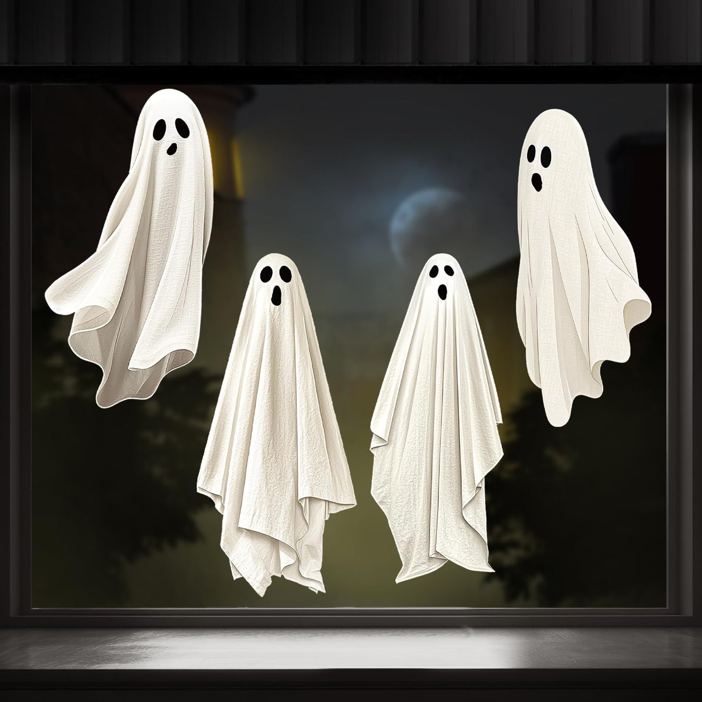 Whaline Extra Large Halloween Window Clings Spooky White Ghost Silhouette Reusable Window Decals for Holiday Party Haunted House Home Office School Decor, 4 Sheets