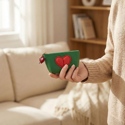 Red Heart Design Small Coin Purse - Cute Compact Keychain Change Purse Soft Leather Wallet with Zipper for Women (Green)