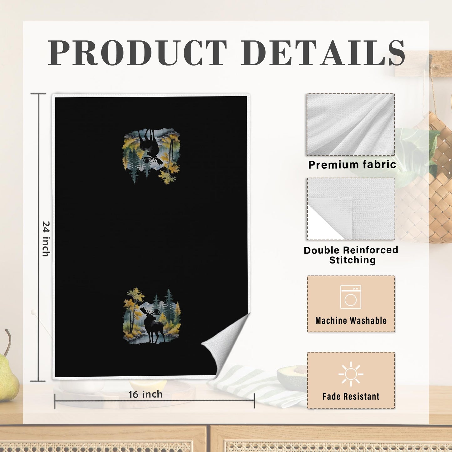 MKIJUHB Forest Mountain Moose Deer Kitchen Dish Towels, Gifts for Wildlife Deer Moose Lovers, Rustic Farmhouse Cabin Nature Wildflife Animal Decorative Hand Towels for Bathroom, 16x24 Inch Set of 3