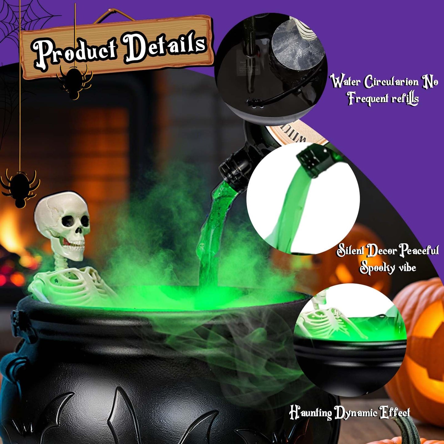 Halloween Decor Indoor - Cauldron Decorations with Skeleton, Magic Floating Potion Bottles & Fog Maker -Scary Witches Cauldron Halloween Party Decoration for Home kitchen Table