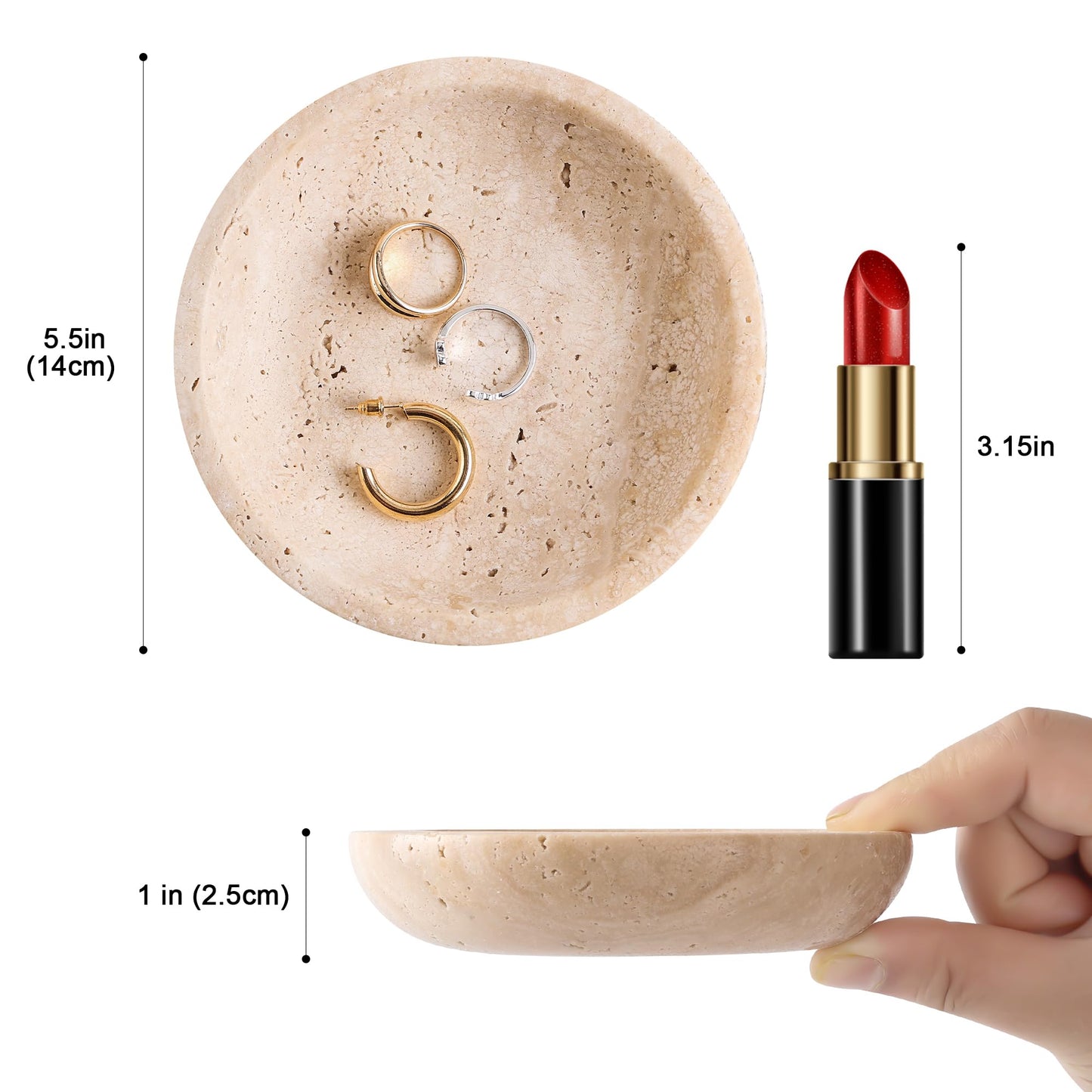 Natural Marble Travertine Ring Dish Jewelry Tray 5.5" for Women, Marble Trinket Dish for Key Earring Nightstand, Mother's Day Engagement Birthday Gift - Beige Travertine