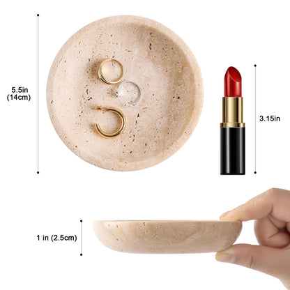 Natural Marble Travertine Ring Dish Jewelry Tray 5.5" for Women, Marble Trinket Dish for Key Earring Nightstand, Mother's Day Engagement Birthday Gift - Beige Travertine