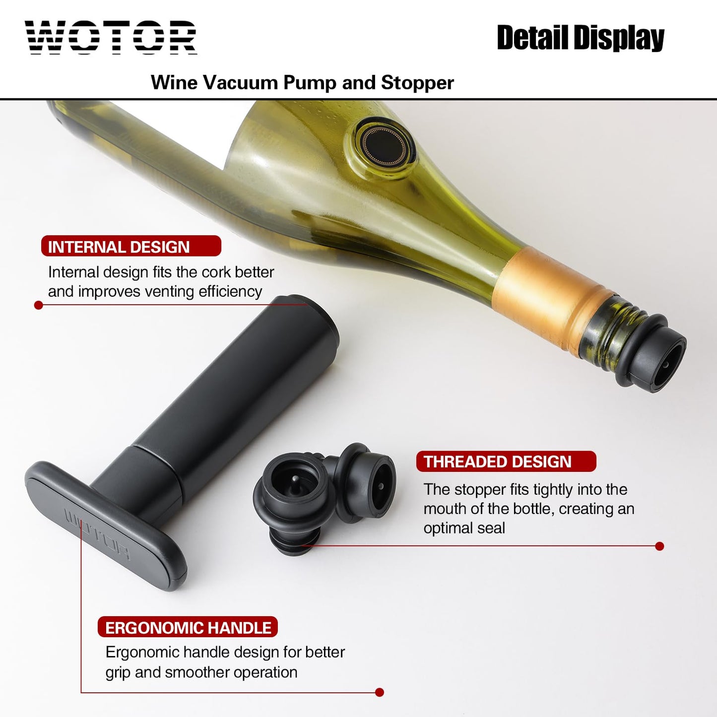 WOTOR Wine Saver Vacuum Pump with 20 Stoppers, Wine Stopper & Preserver, Reusable Bottle Sealer Keeps Fresh, Ideal Accessories Gift (Flat Handle)