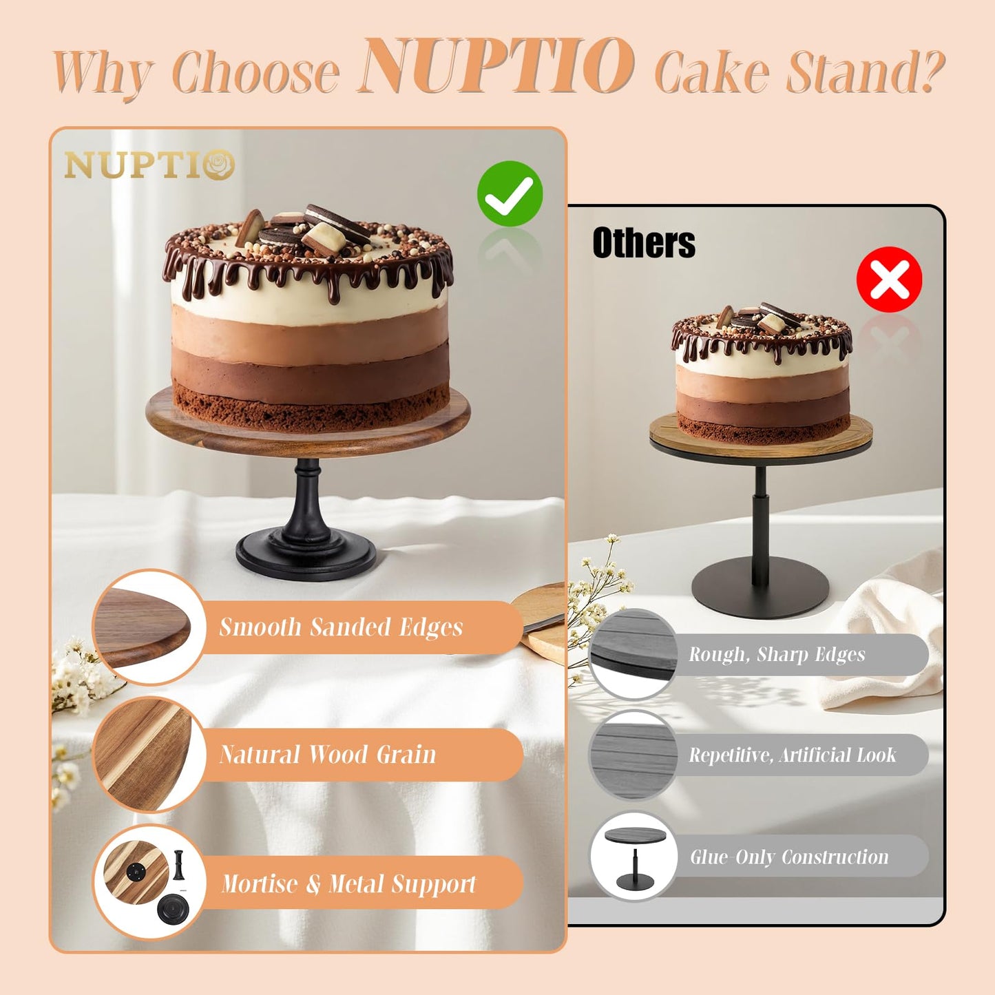 NUPTIO Cake Stand Cupcake Display: Wedding Cup Cake Pedestal Stands Round Acacia Wood Dessert Riser Cookie Serving Tray Vintage Pie Plate Holder Farmhouse Halloween Christmas 11.81 Inch/30cm
