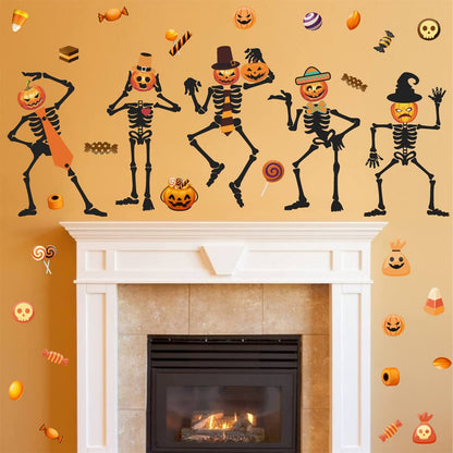 Halloween Skull Wall Decal Halloween Wall Stickers Skeleton Ghosts Pumpkin Candy Wall Decals Gothic Funny Halloween Window Clings Peel and Stick for Kids Bedroom Living Room Window Halloween Party Decor