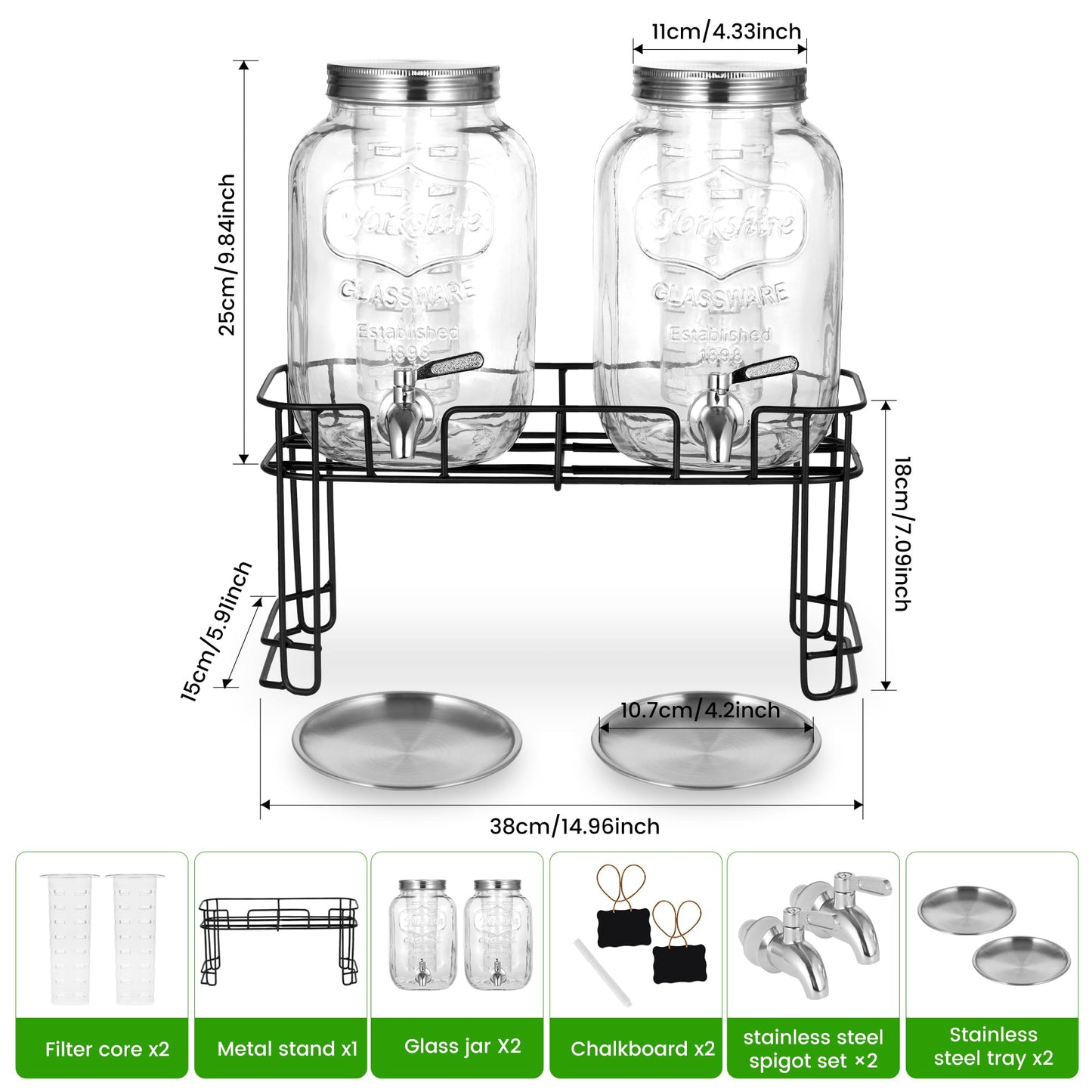 Drink Dispenser, 2 Pack 1 Gallon Glass Drink Dispensers For Parties,Beverage Dispenser, Glass Drink Dispenser With Stand And Spigot (Stainless Steel Spigot)