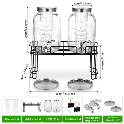 Drink Dispenser, 2 Pack 1 Gallon Glass Drink Dispensers For Parties,Beverage Dispenser, Glass Drink Dispenser With Stand And Spigot (Stainless Steel Spigot)