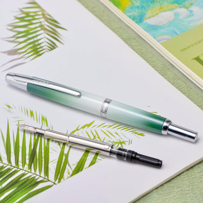 Jinhao 10 Press Fountain Pen with Box, Gradient Grass Green Retractable Extra Fine Nib with Ink Converter Set (Silver Clip)