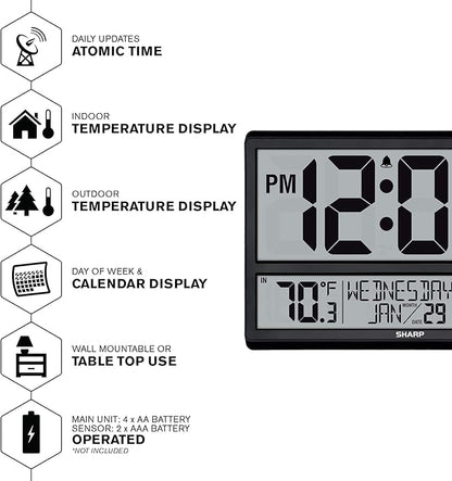 Sharp Atomic Clock - Never Needs Setting! –Easy to Read Numbers - Indoor/Outdoor Temperature, Wireless Outdoor Sensor - Battery Powered - Easy Set-Up (4" Numbers)