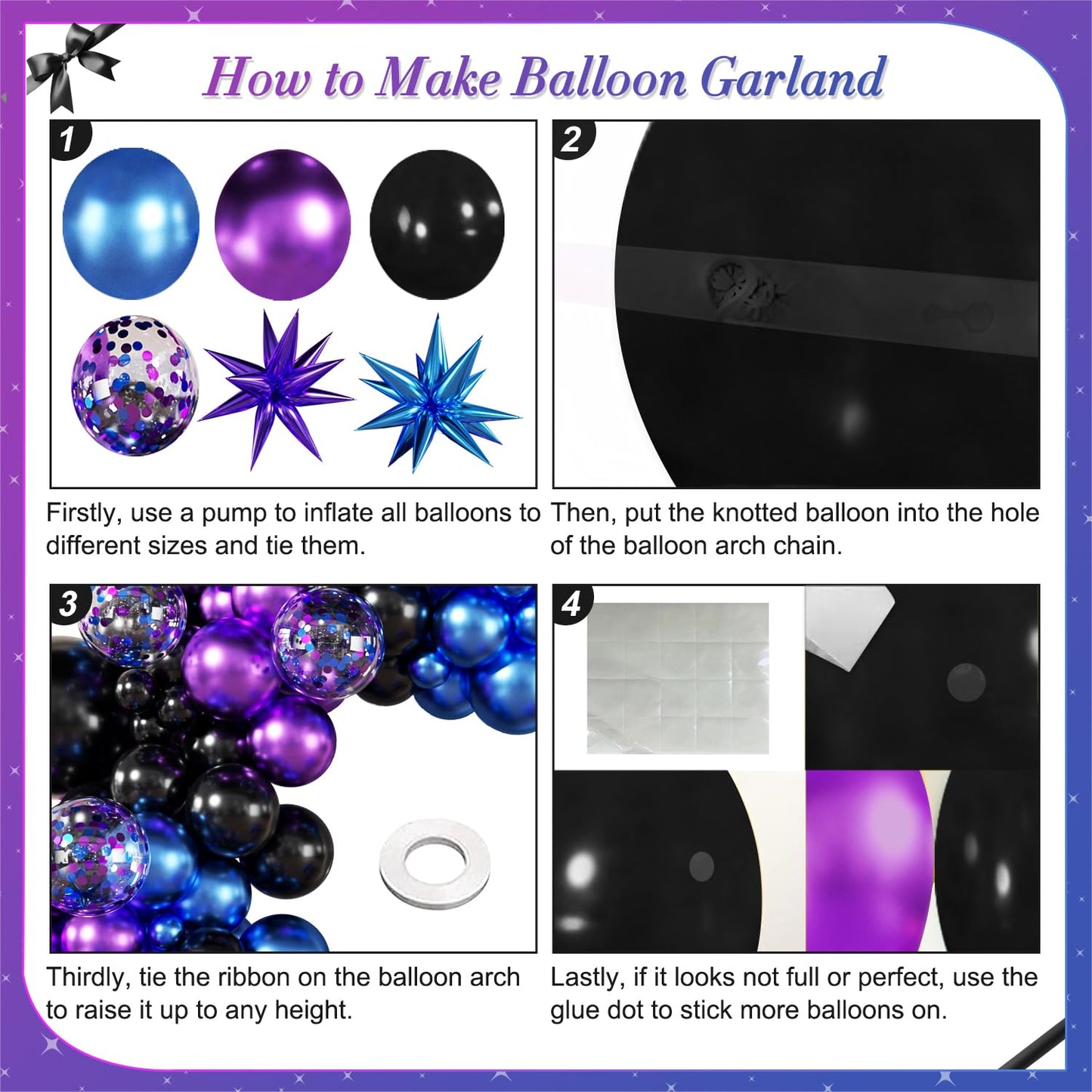 Black Purple Blue Balloon Garland Arch Kit, 140Pcs Metallic Blue Purple Teal Balloons Confetti Balloons with Stars for Fun Play Party Decorations Baby Shower Engagement Birthday Party Decorations