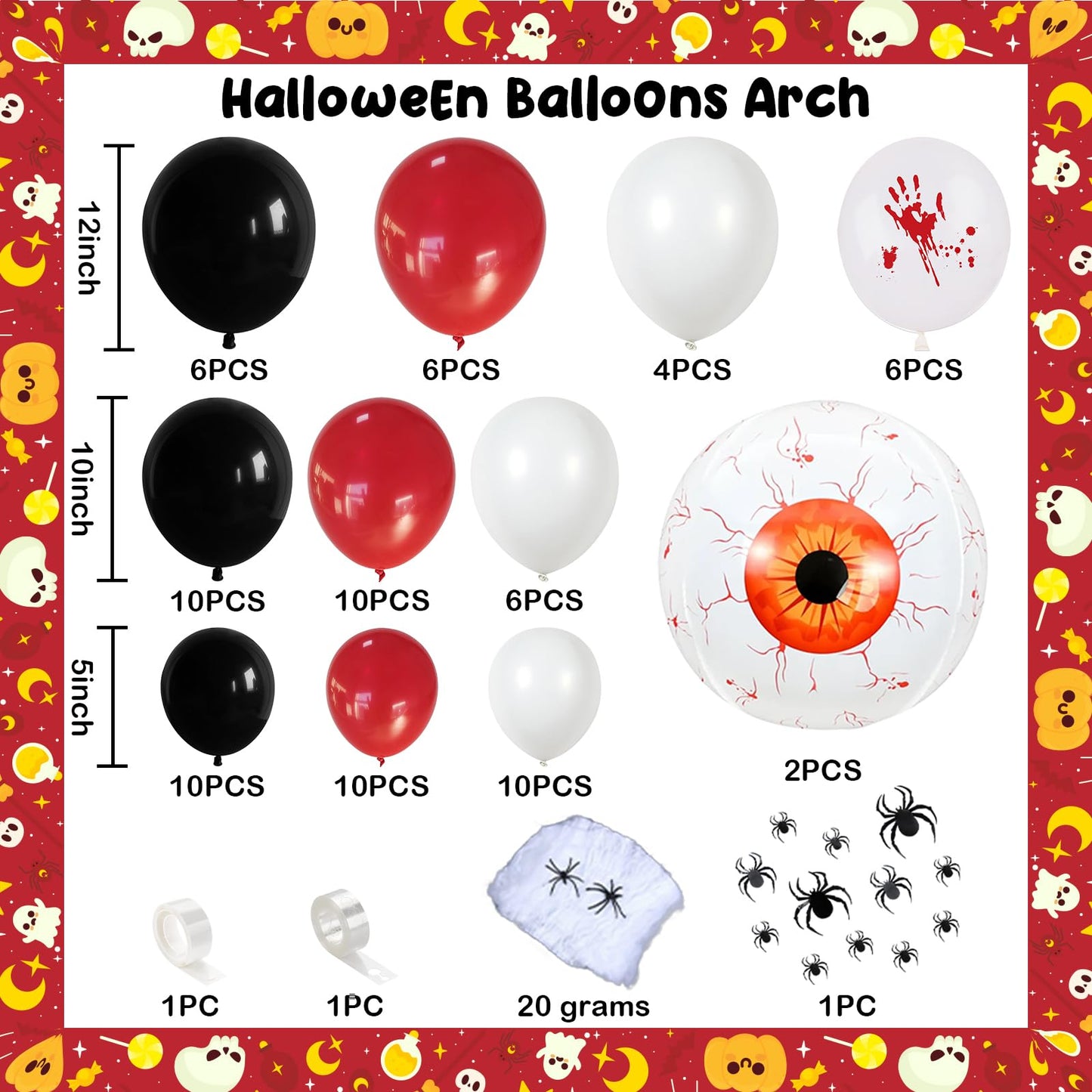 Halloween Balloons Arch Scary Bloody Red White Balloons Garland with Spider Web 3D Spider Stickers Eyeball Blood Handprint Latex Helium Balloon Halloween Birthday Party Decorations Haunted House