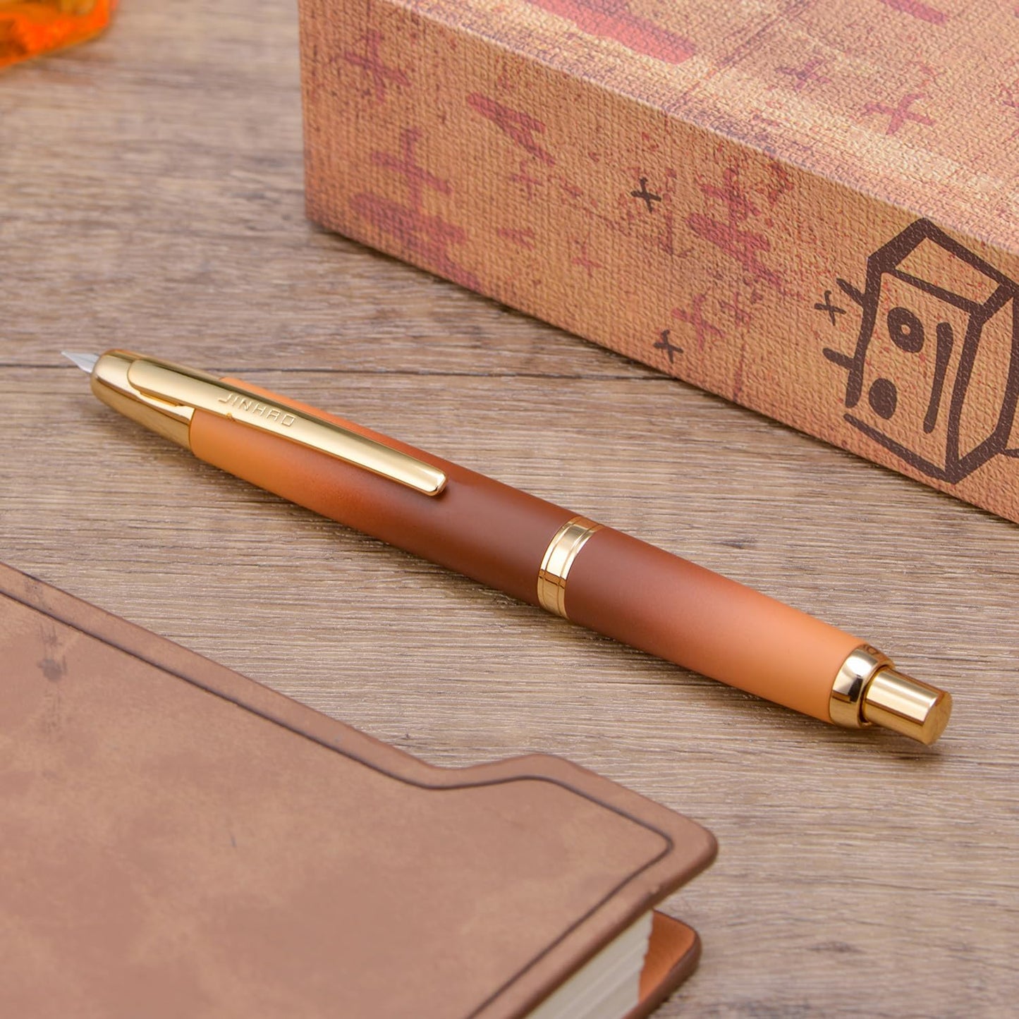 Jinhao 10 Press Fountain Pen with Box, Caramel Orange Gradient Retractable Extra Fine Nib with Ink Converter Set (Golden Clip)