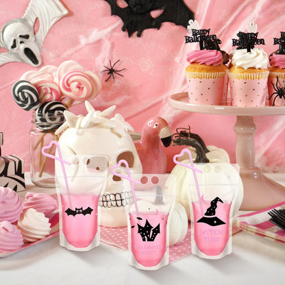 Sliner 24 Set Halloween Drink Pouches with Straws for Adults Juice Liquor Pouches Happy Boo Day Pink Black Drink Bags for Adult Teen Stand up Plastic Bags for Halloween Party Favor Props