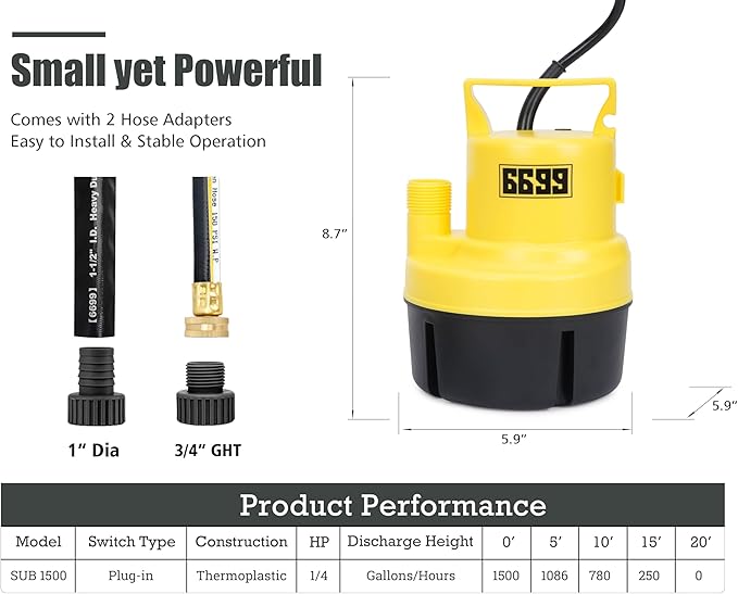 Submersible Sump Pump 1/4 HP 1500GPH Utility Pump Thermoplastic Electric Portable Transfer Water Pump with 10-Foot Cord for Pool Tub Garden Pond Draining Tankless Heater Flushing