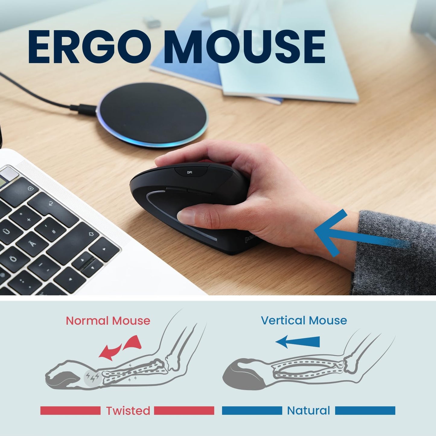 Perixx PERIMICE-713 Wireless Ergonomic Vertical Mouse - 800/1200/1600 DPI - Right Handed - Recommended with RSI User