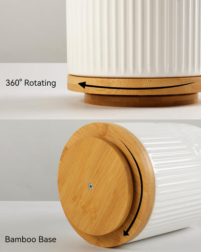 QINSDESIGNS 360° Rotating Utensil Holder, 7.6" Large Ceramic Kitchen Utensil Holder for Countertop with Rotatable Bamboo Base, Stable Cooking Utensil Crock, Farmhouse kitchen Decor, White