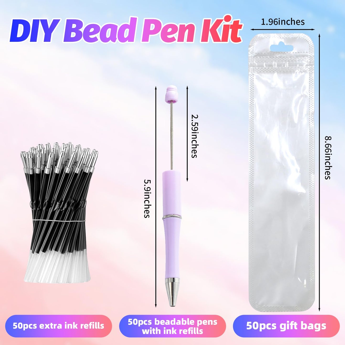 DASTTUIS 150 Pieces DIY Beadable Pen Kit – 50 Plastic Ballpoint Pens with Refills & Bags – School Supplies, Office Accessories & Decorative Items for Students & Teachers (Pastel)