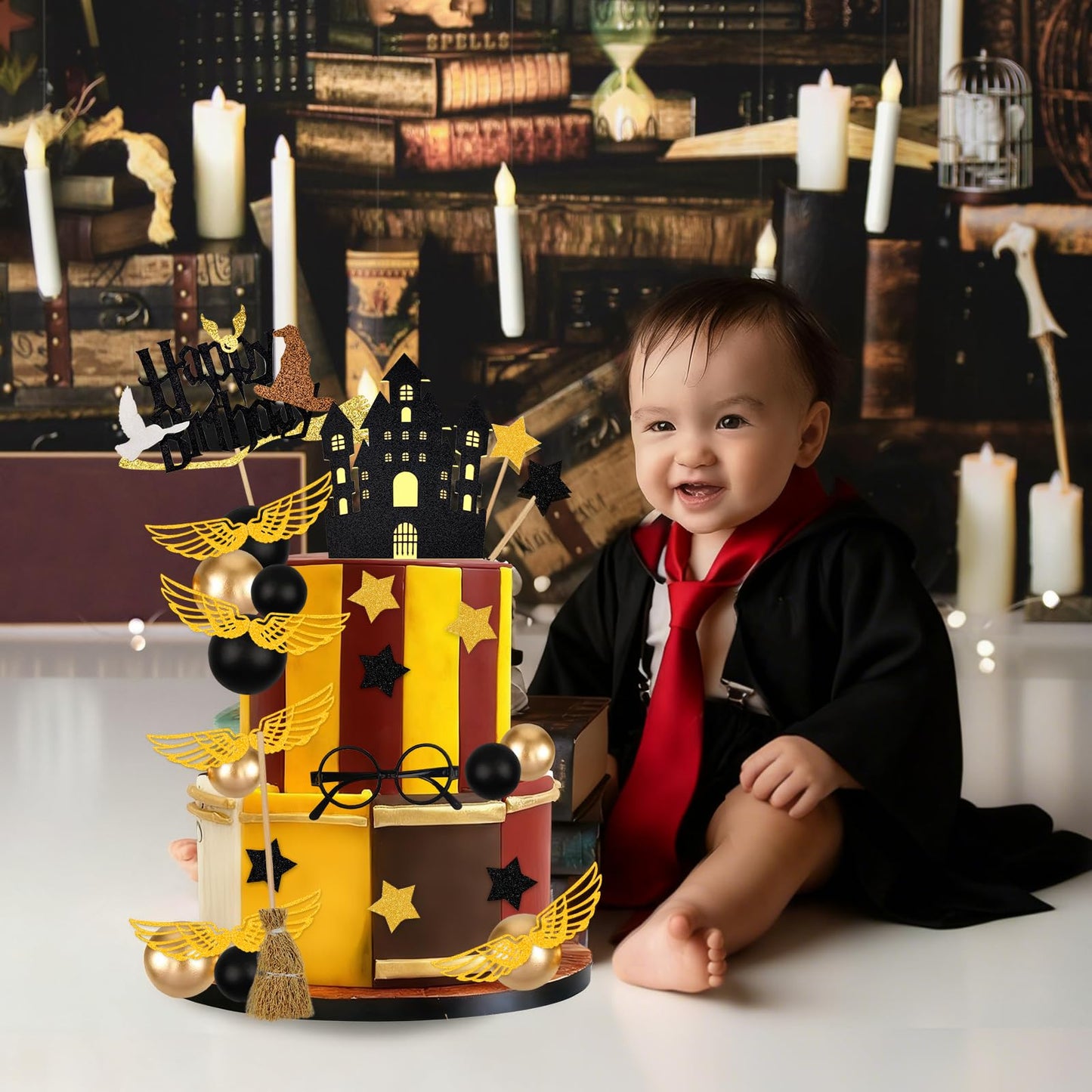 Rismise Wizard Cake Topper 26PCS Magical Wizard Themed Cake Decoration Black and Gold Ball Cupcake Cake Picks with Glasses Tie Wings Stars for Halloween Birthday Magical School Party Supplies